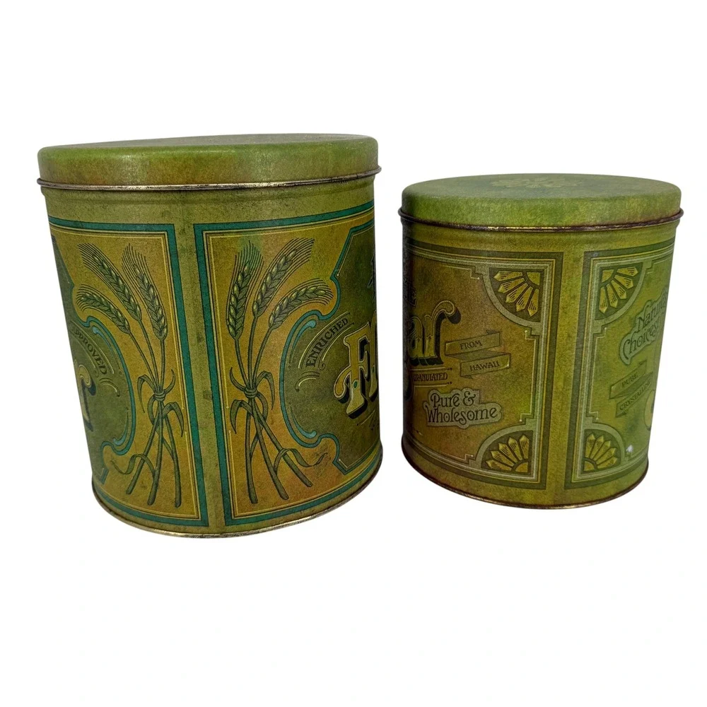 Vintage Ballonoff Flour Sugar Tin Canister Set Green Retro Farmhouse 2 Piece USA